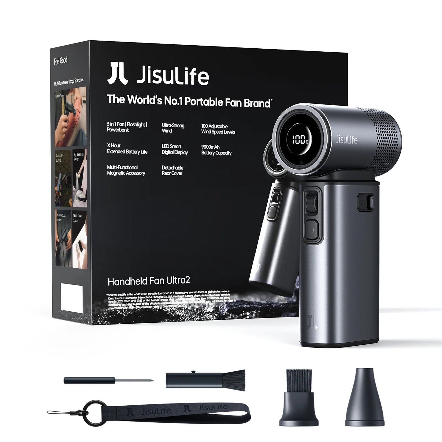 JISULIFE Handheld Fan Ultra 2, Powerful Turbo Jet Fan, 100 Speeds, 9000mAh Rechargeable Battery, LED Display, Outdoor Camping